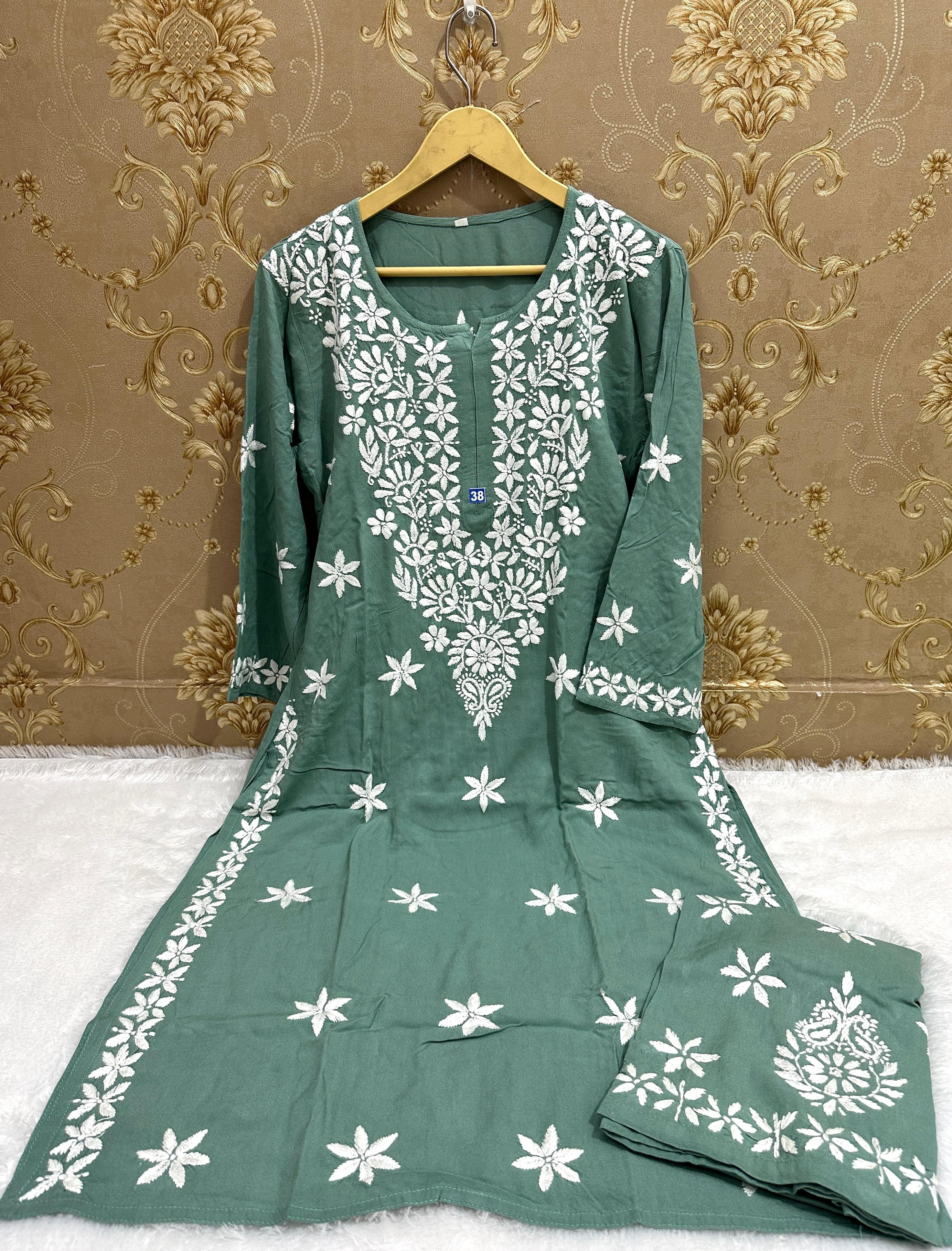 Chanderi Chikankari Solid Women's 4 PC Long Kurta Set