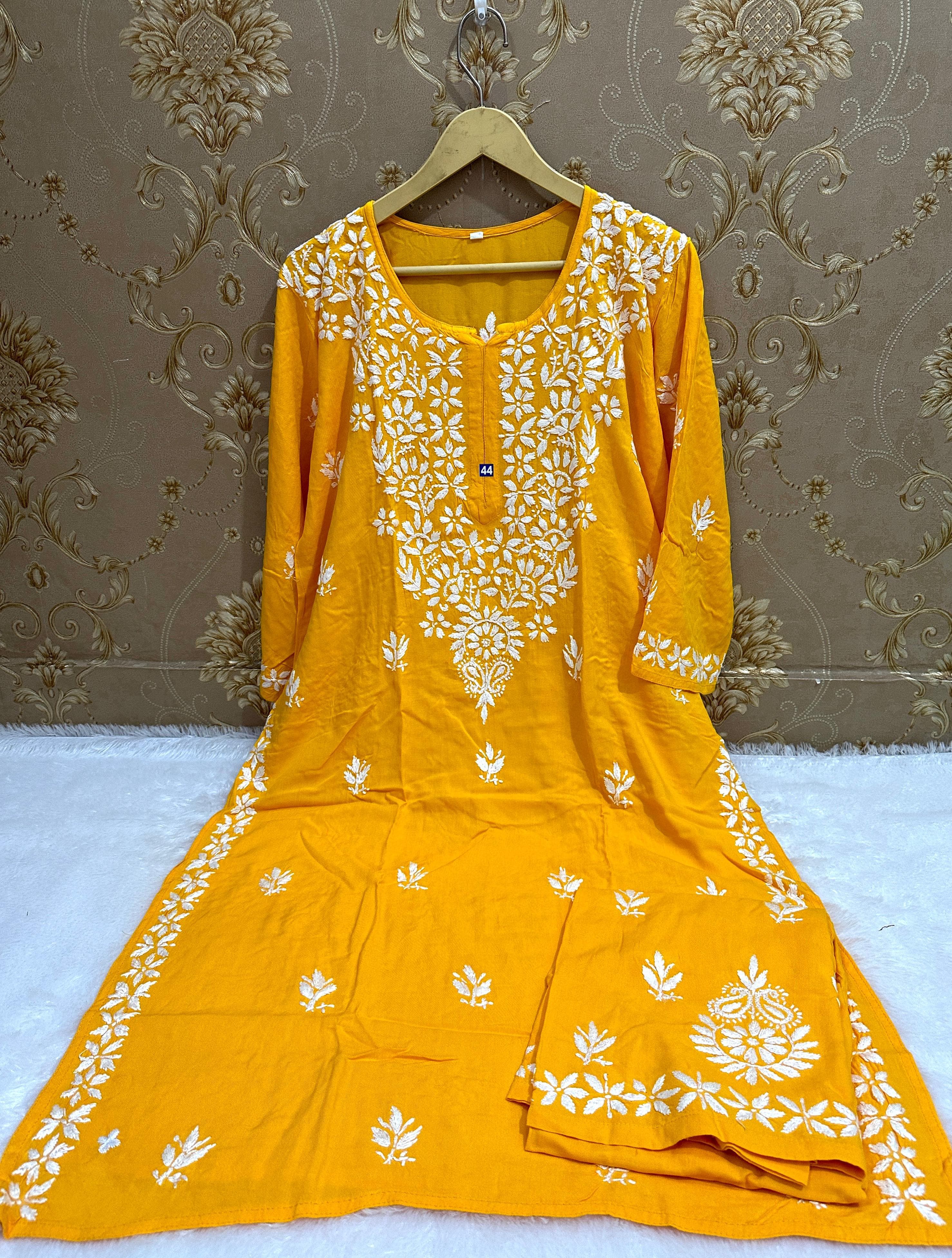 Chanderi Chikankari Solid Women's 4 PC Long Kurta Set