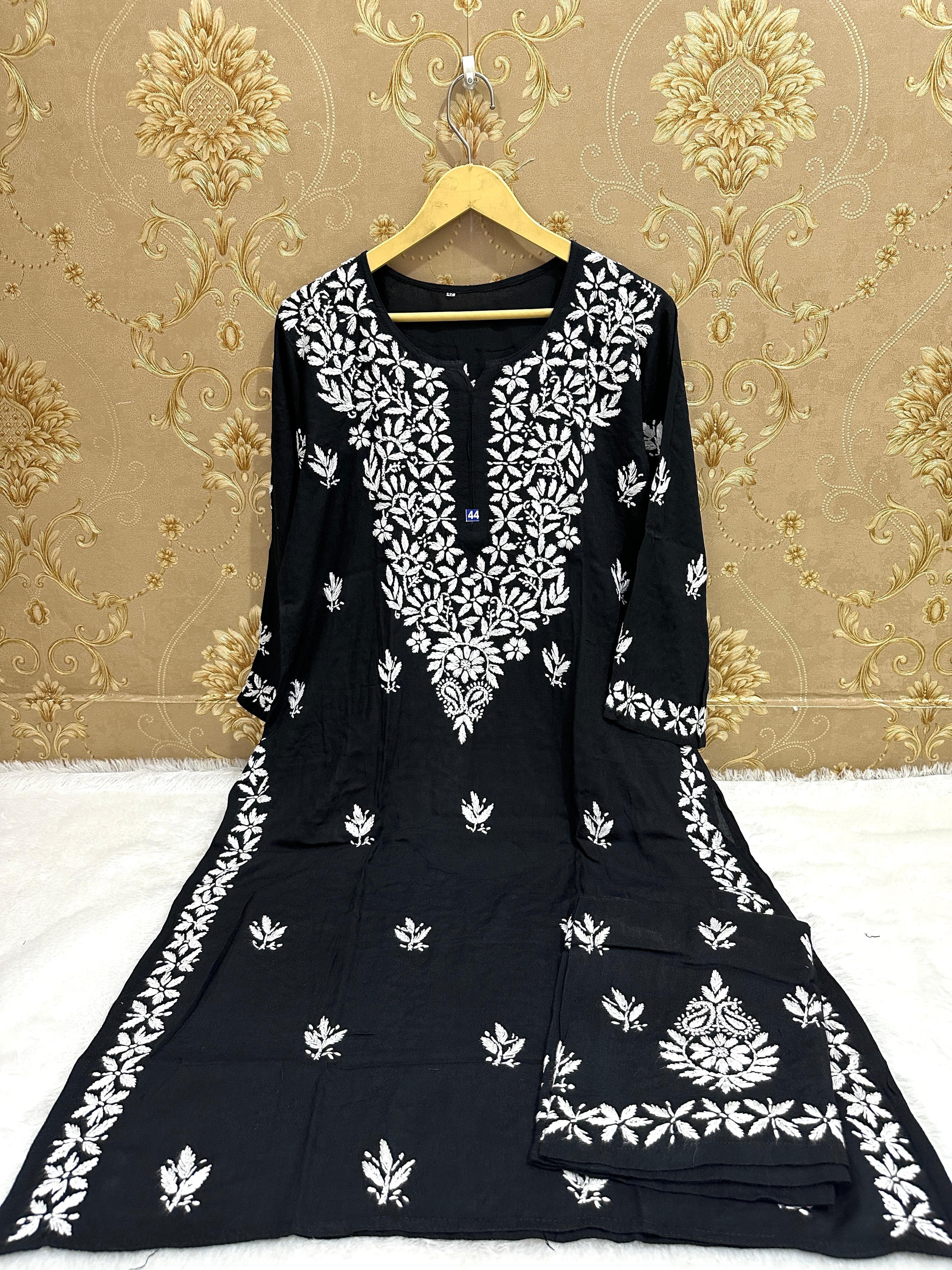 Chanderi Chikankari Solid Women's 4 PC Long Kurta Set