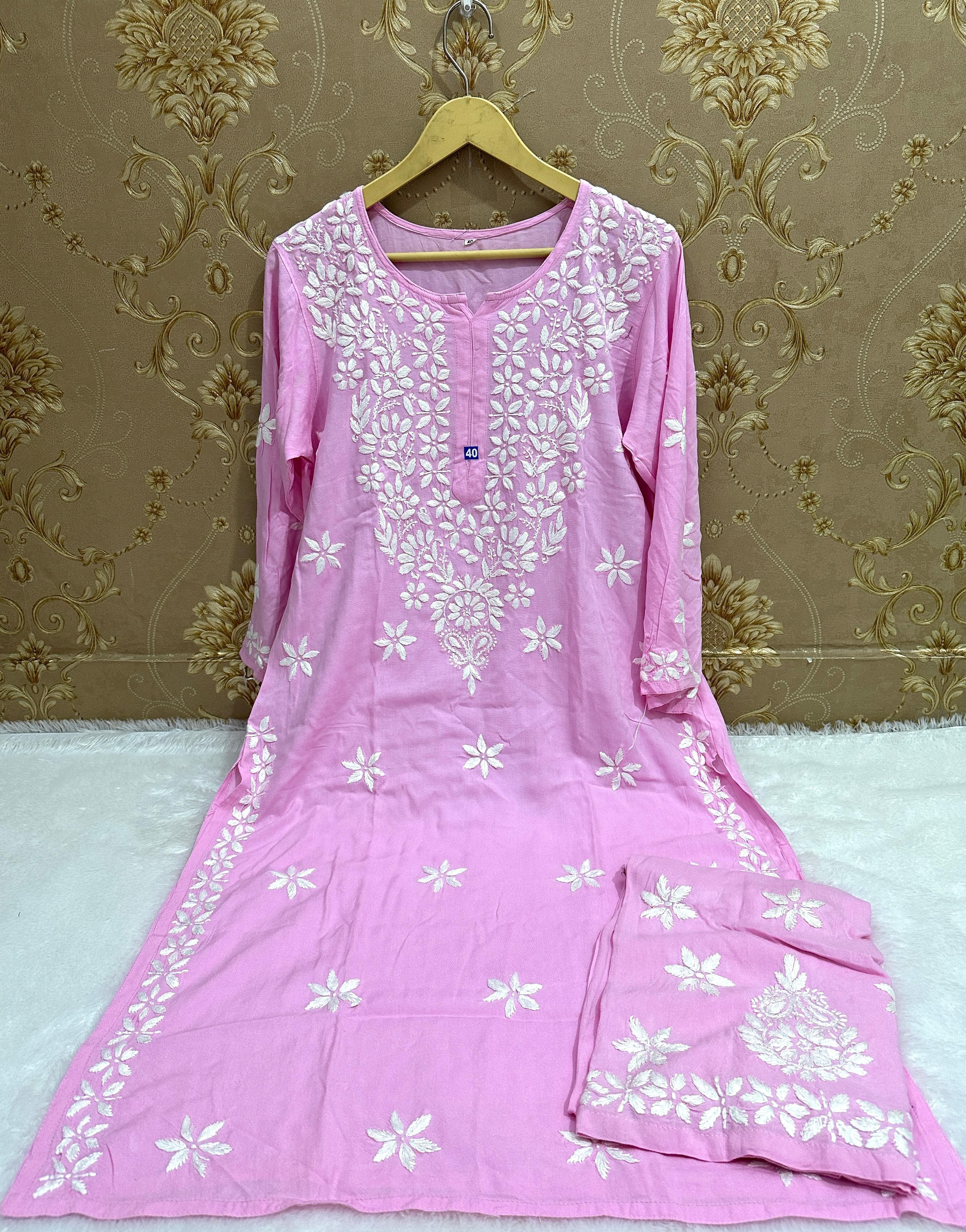 Chanderi Chikankari Solid Women's 4 PC Long Kurta Set